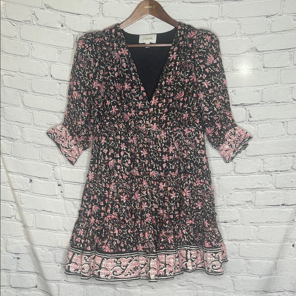 Cleobella Black & Pink Floral Tiered V-Neck Dress Size Medium Brand New W/Tags